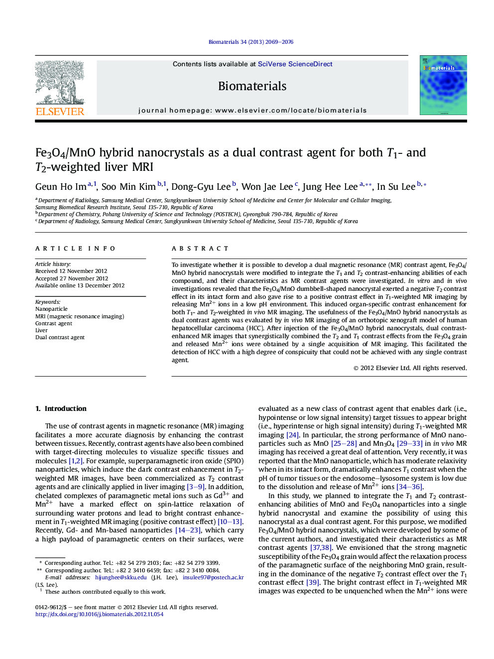 Fe3O4/MnO hybrid nanocrystals as a dual contrast agent for both T1- and T2-weighted liver MRI