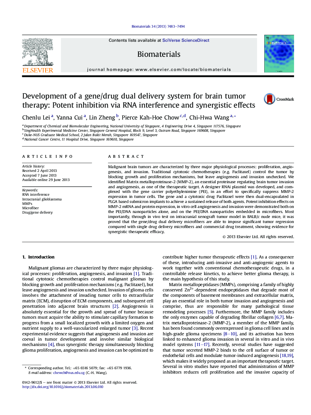 Development of a gene/drug dual delivery system for brain tumor therapy: Potent inhibition via RNA interference and synergistic effects