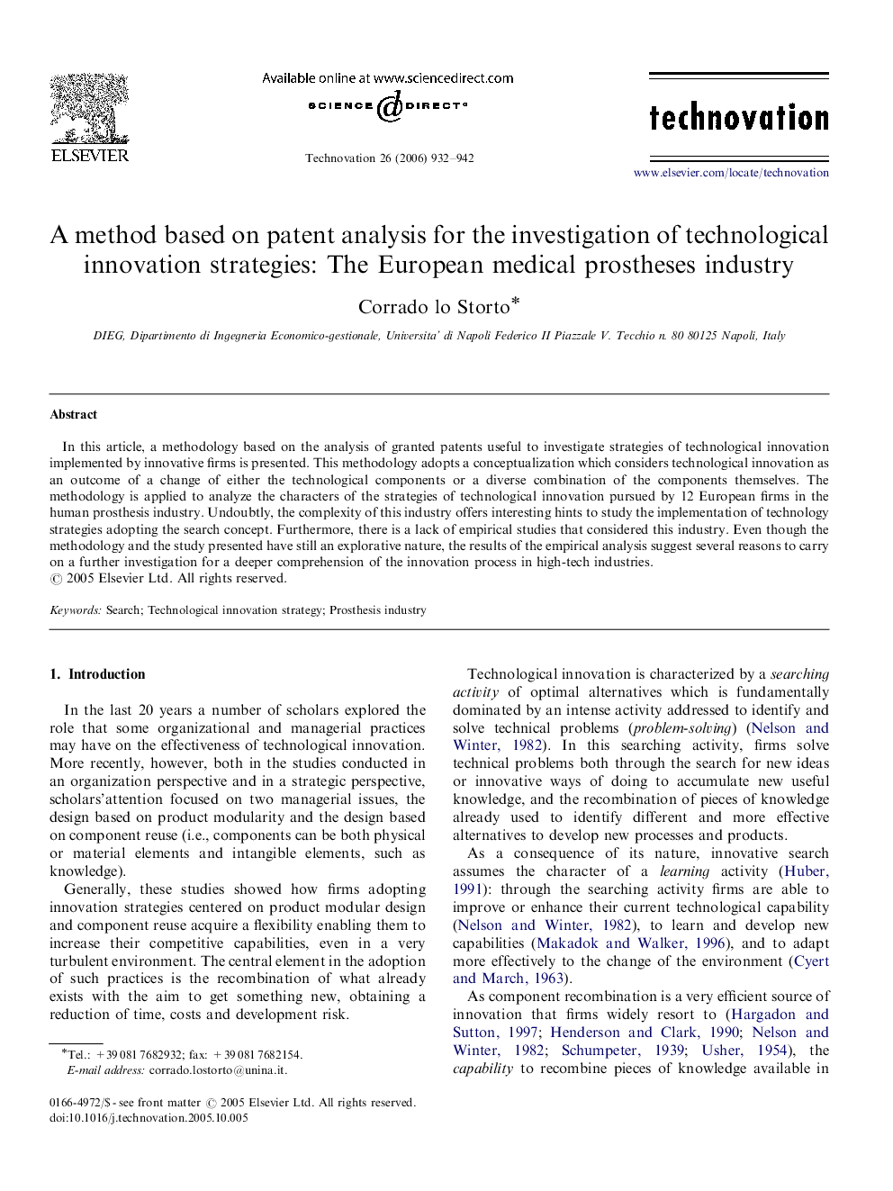 A method based on patent analysis for the investigation of technological innovation strategies: The European medical prostheses industry