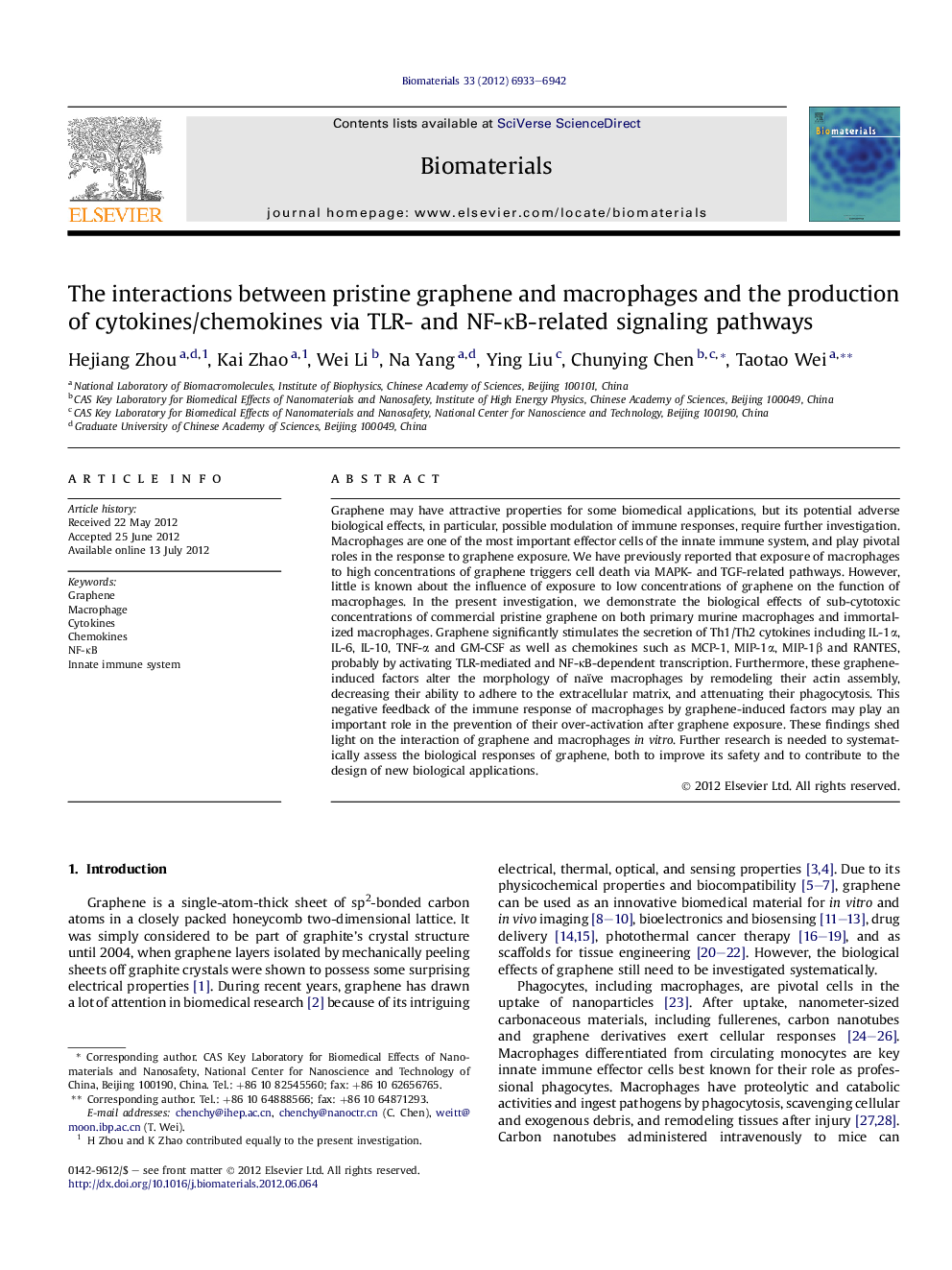 The interactions between pristine graphene and macrophages and the production of cytokines/chemokines via TLR- and NF-ÎºB-related signaling pathways