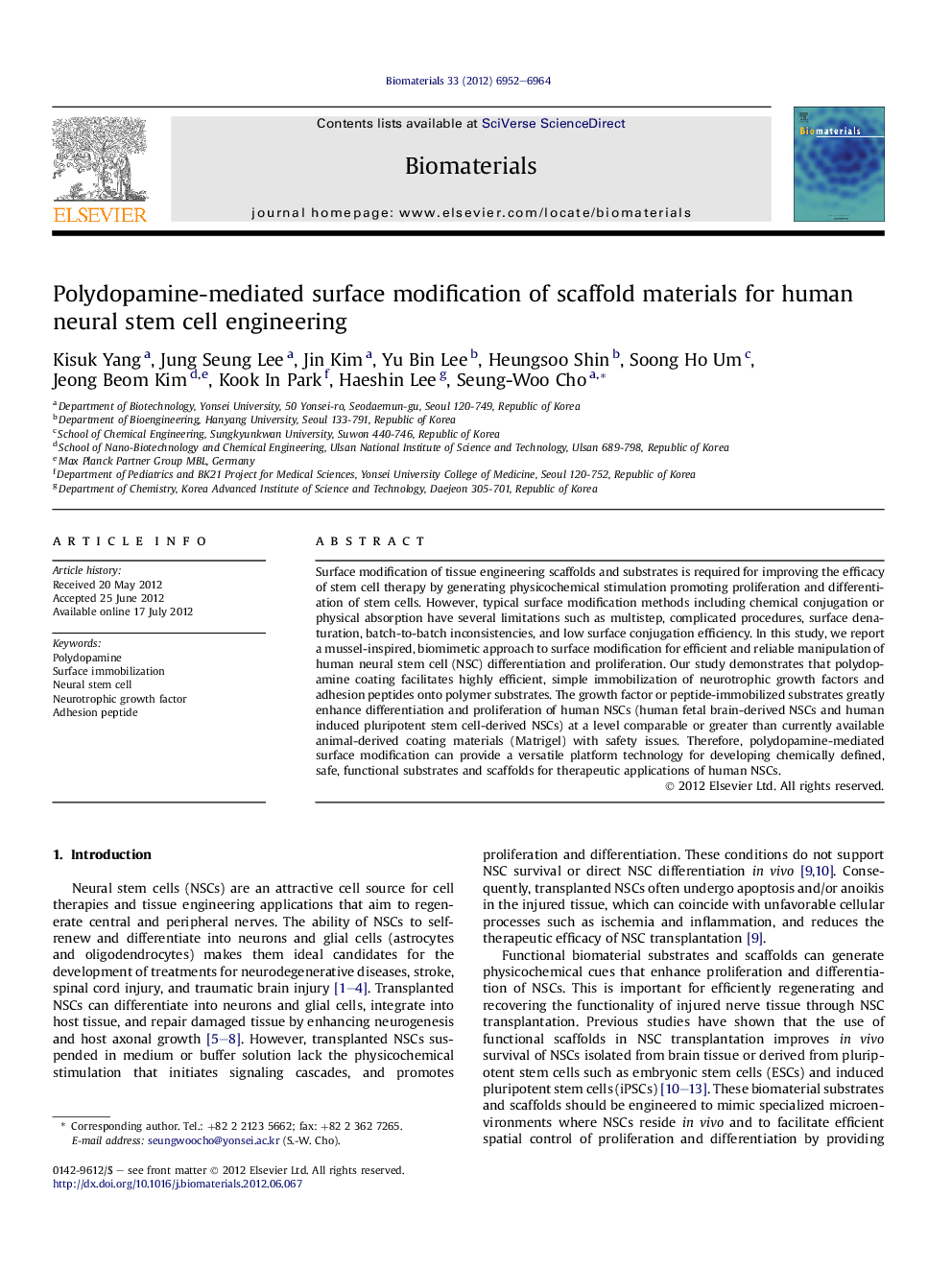 Polydopamine-mediated surface modification of scaffold materials for human neural stem cell engineering