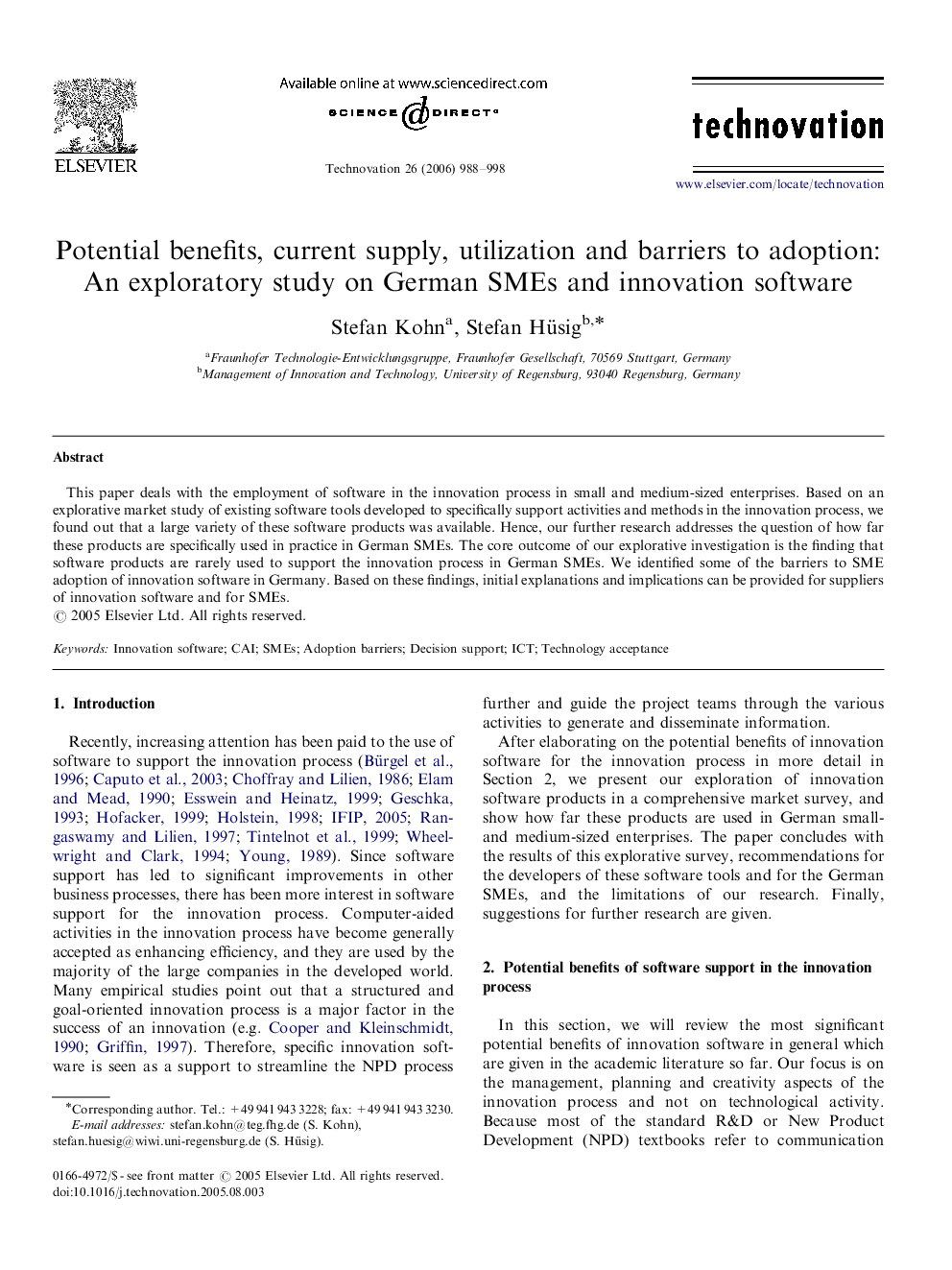 Potential benefits, current supply, utilization and barriers to adoption: An exploratory study on German SMEs and innovation software