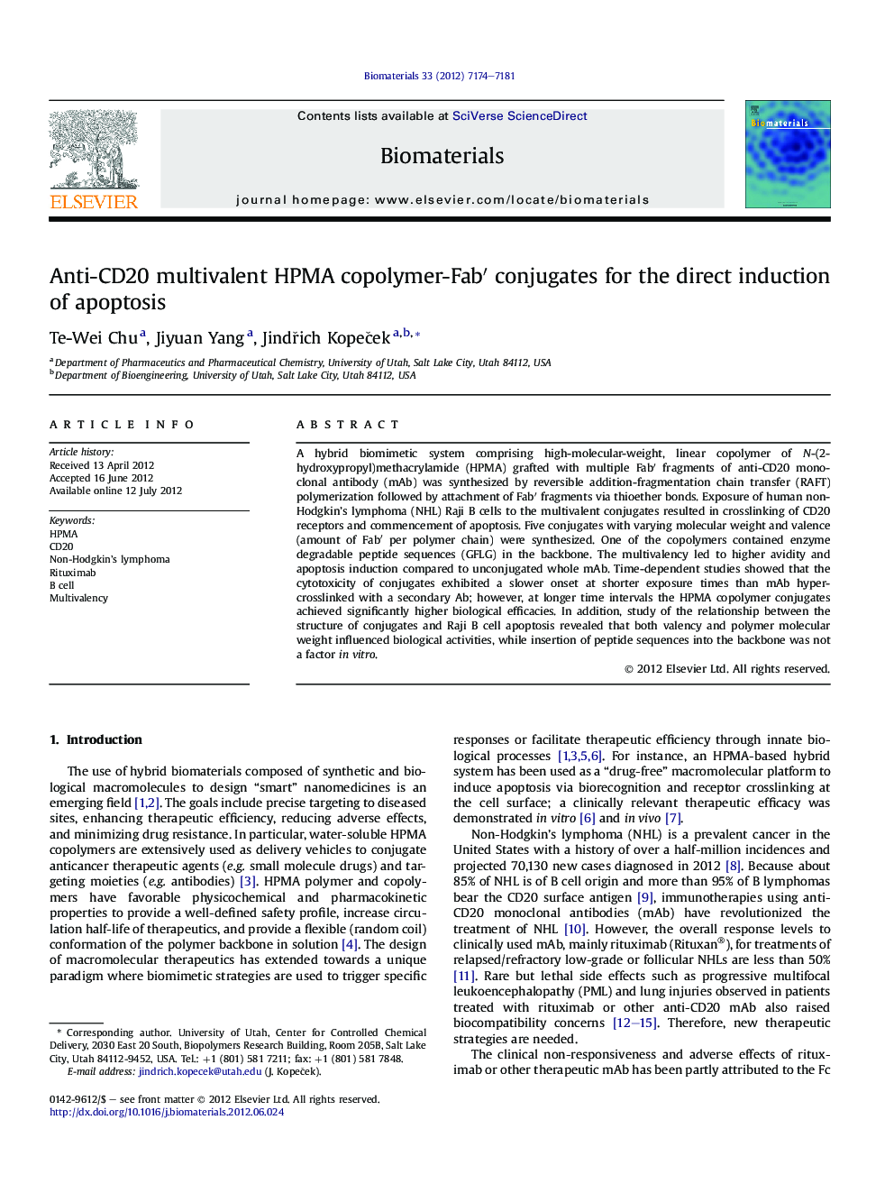 Anti-CD20 multivalent HPMA copolymer-Fabâ² conjugates for the direct induction of apoptosis