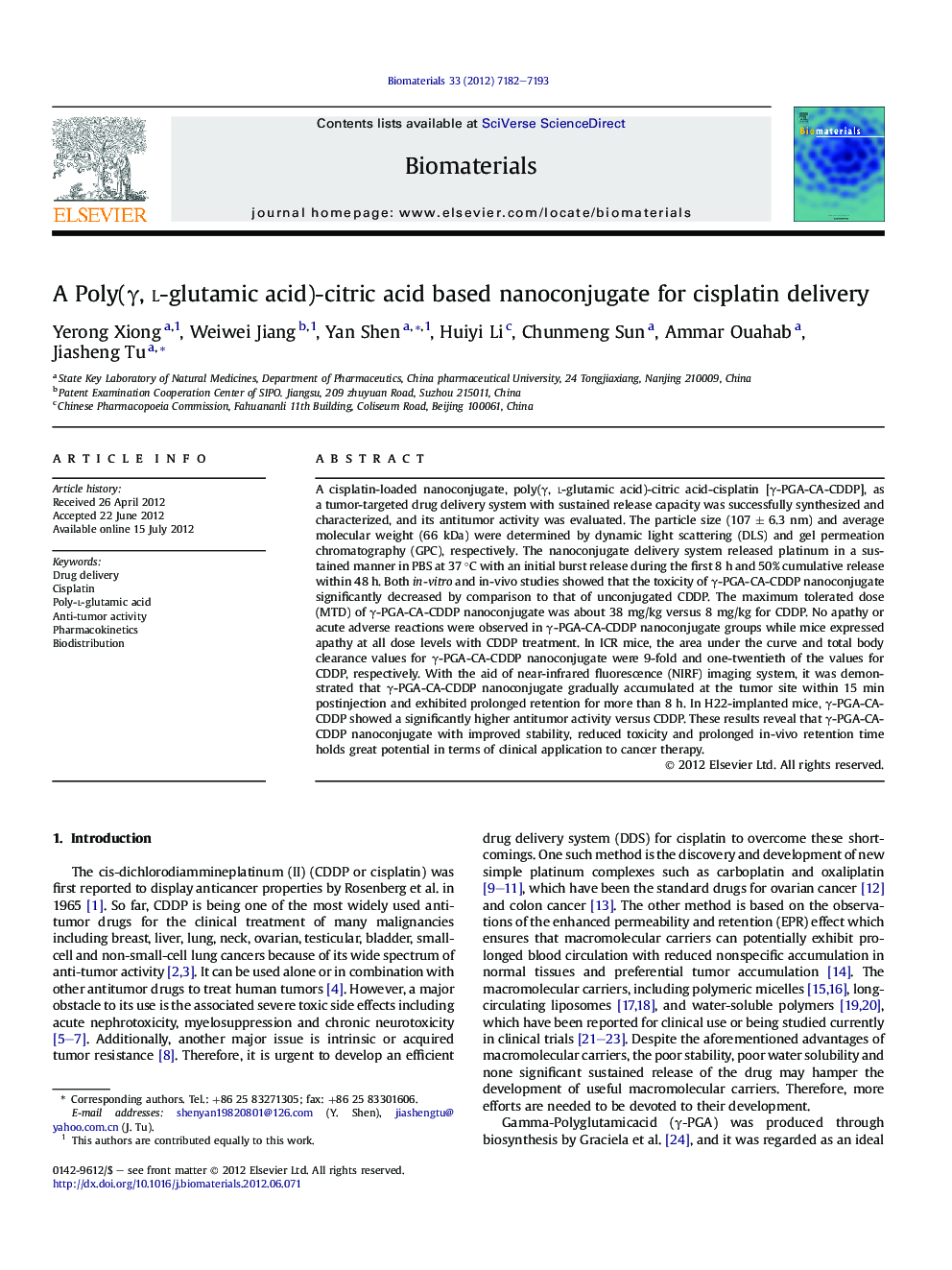 A Poly(Î³, l-glutamic acid)-citric acid based nanoconjugate for cisplatin delivery