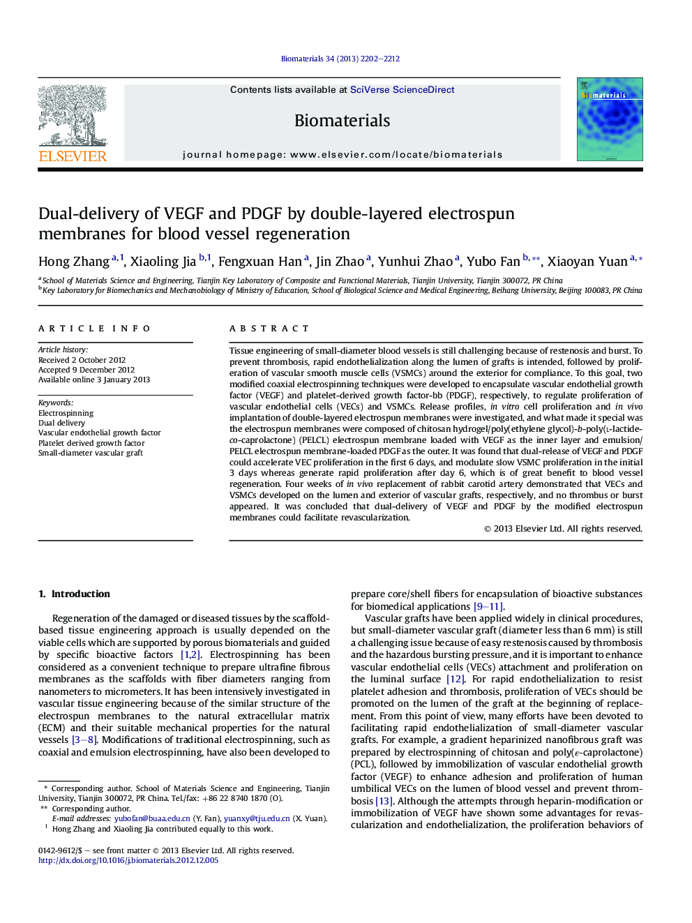 Dual-delivery of VEGF and PDGF by double-layered electrospun membranes for blood vessel regeneration