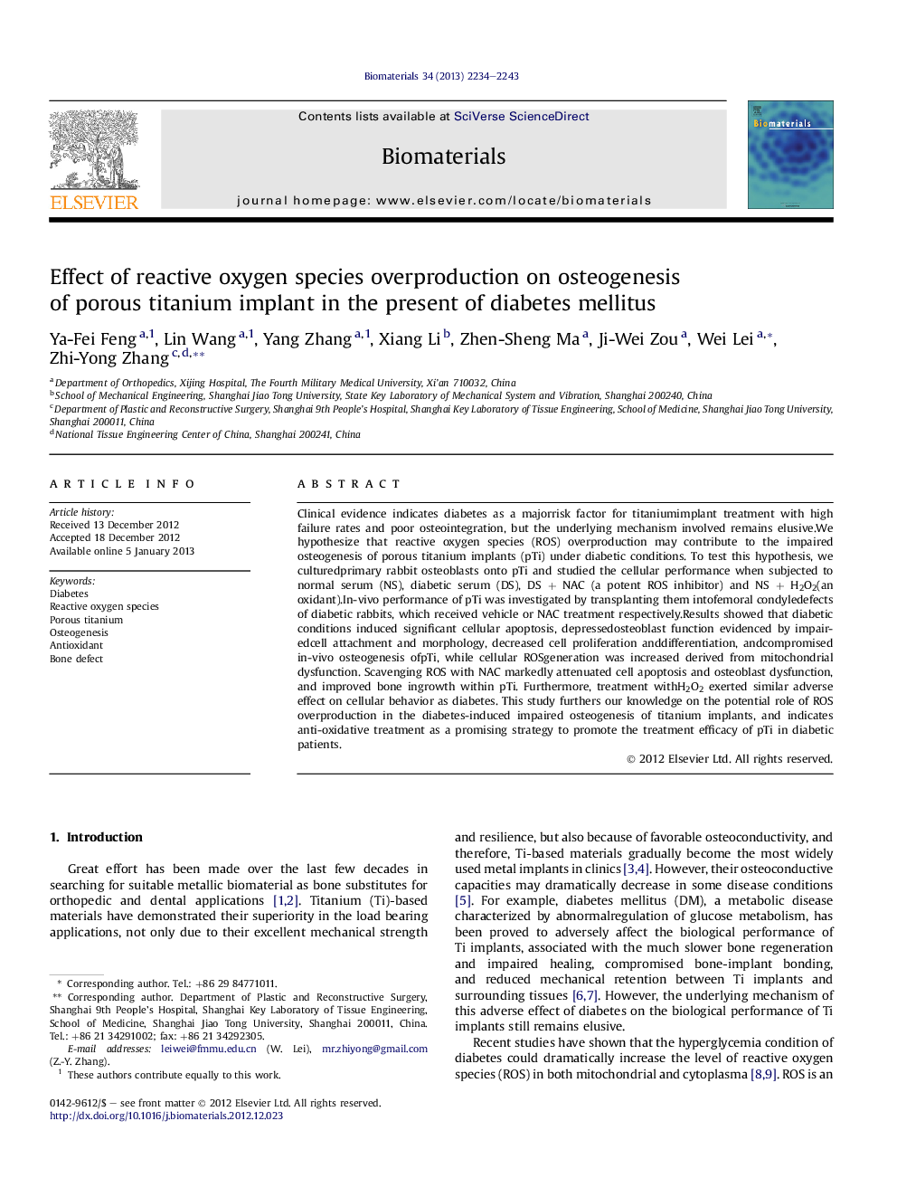 Effect of reactive oxygen species overproduction on osteogenesis ofÂ porous titanium implant in the present of diabetes mellitus