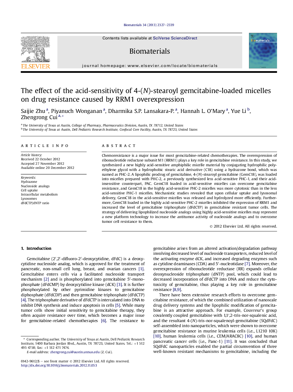 The effect of the acid-sensitivity of 4-(N)-stearoyl gemcitabine-loaded micelles onÂ drug resistance caused by RRM1 overexpression