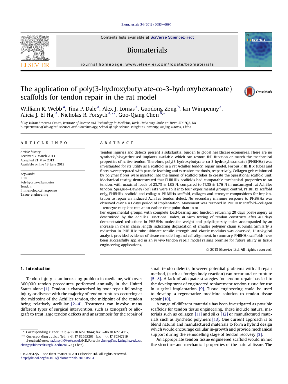 The application of poly(3-hydroxybutyrate-co-3-hydroxyhexanoate) scaffolds for tendon repair in the rat model