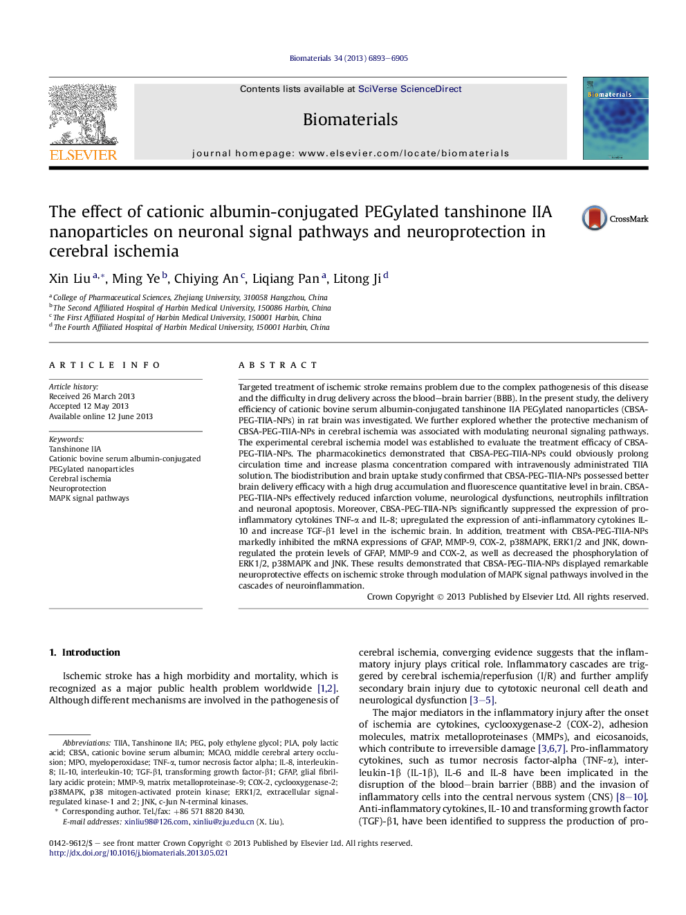 The effect of cationic albumin-conjugated PEGylated tanshinone IIA nanoparticles on neuronal signal pathways and neuroprotection in cerebral ischemia