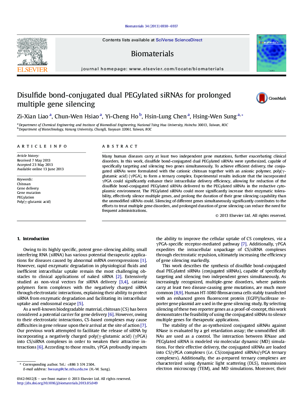 Disulfide bond-conjugated dual PEGylated siRNAs for prolonged multiple gene silencing