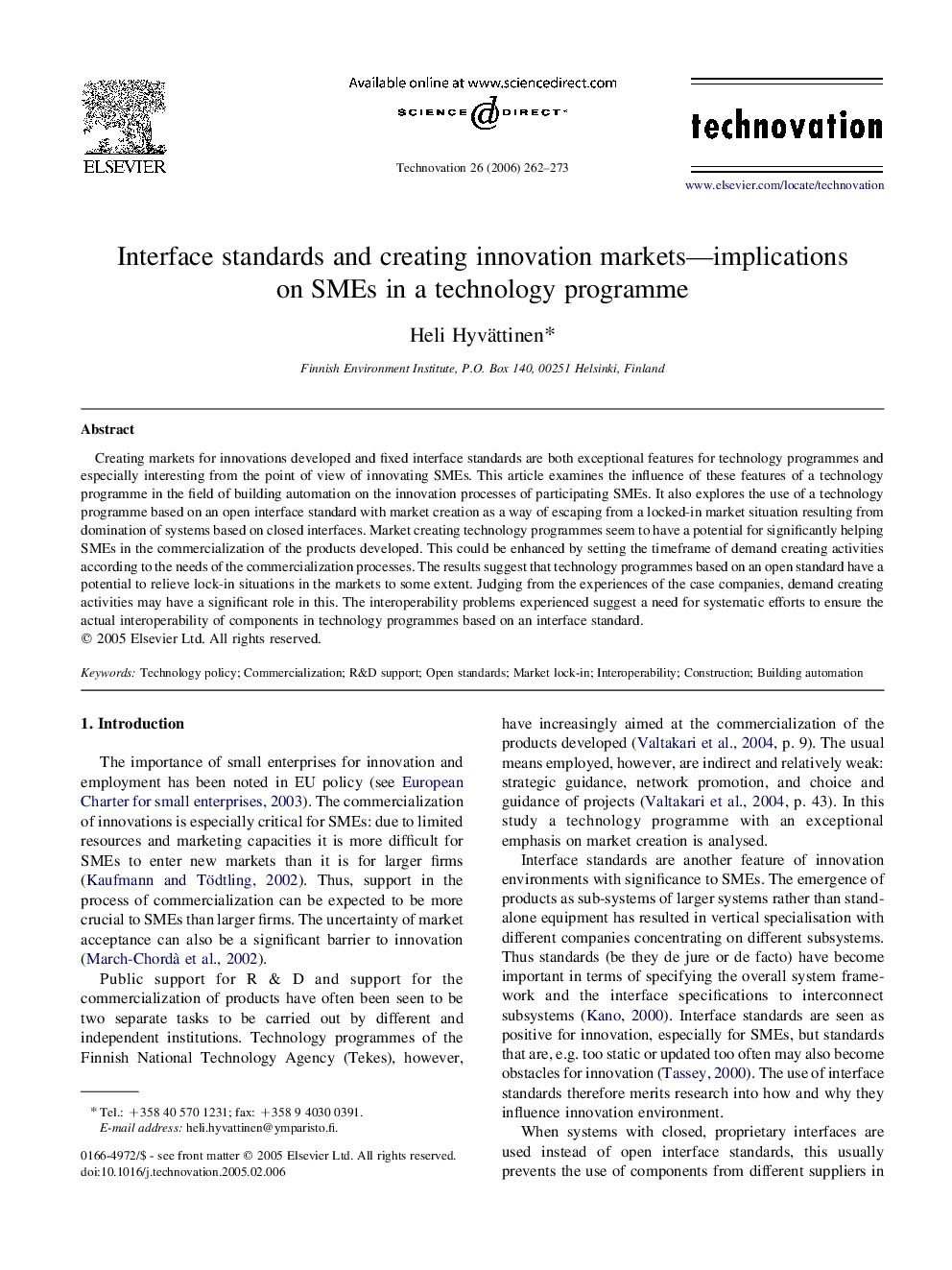 Interface standards and creating innovation markets—implications on SMEs in a technology programme