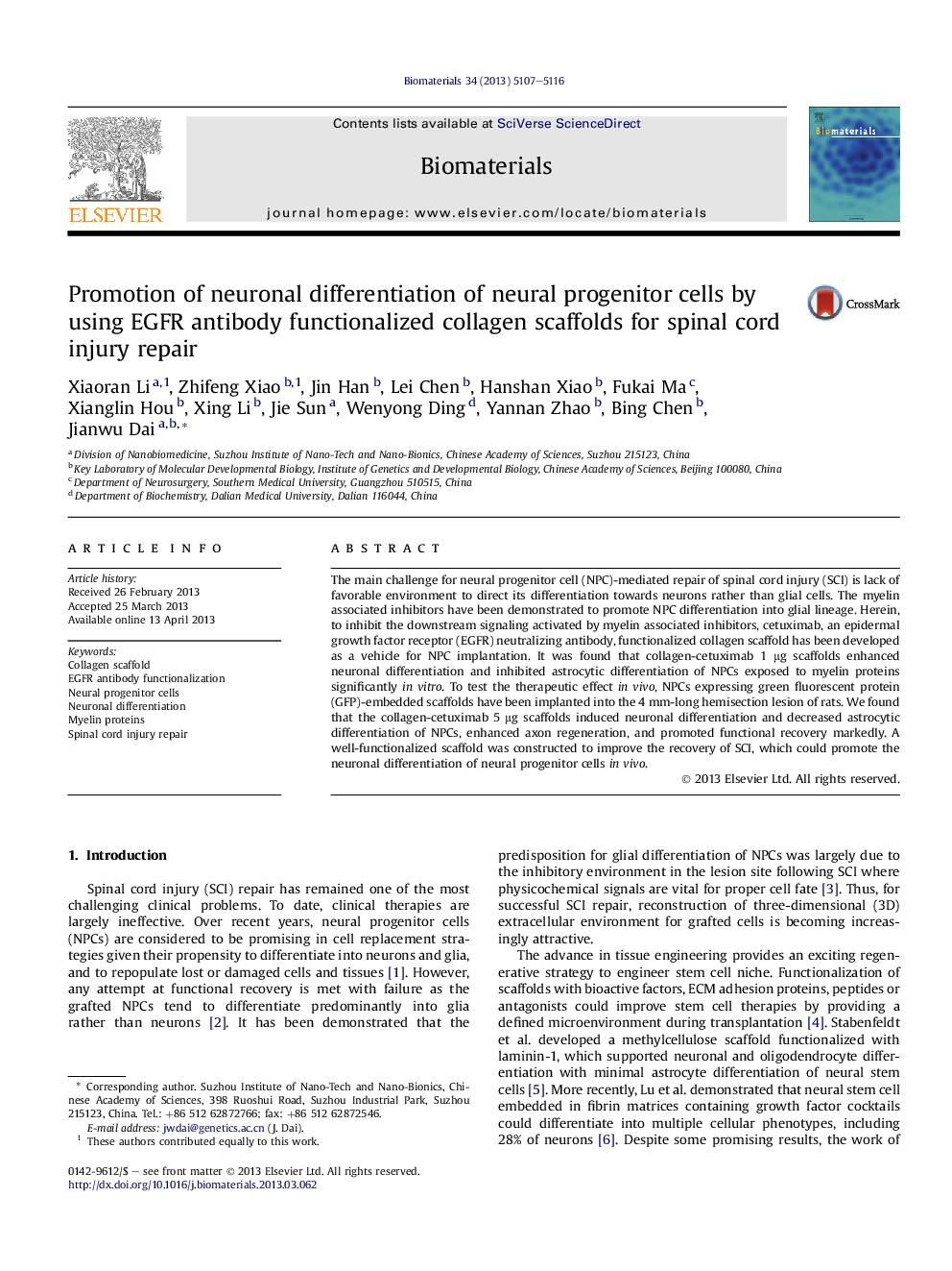 Promotion of neuronal differentiation of neural progenitor cells by using EGFR antibody functionalized collagen scaffolds for spinal cord injury repair