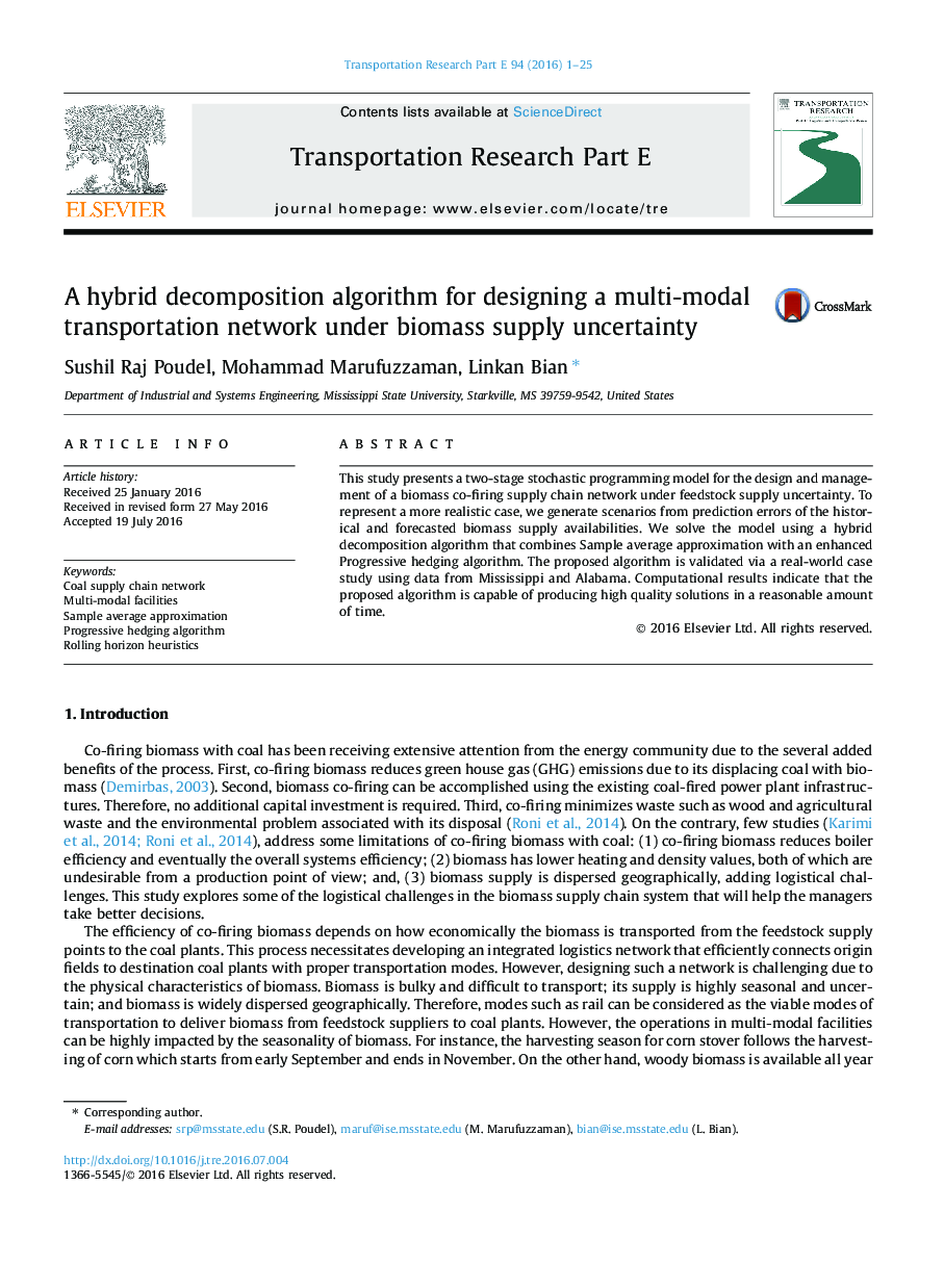 A hybrid decomposition algorithm for designing a multi-modal transportation network under biomass supply uncertainty