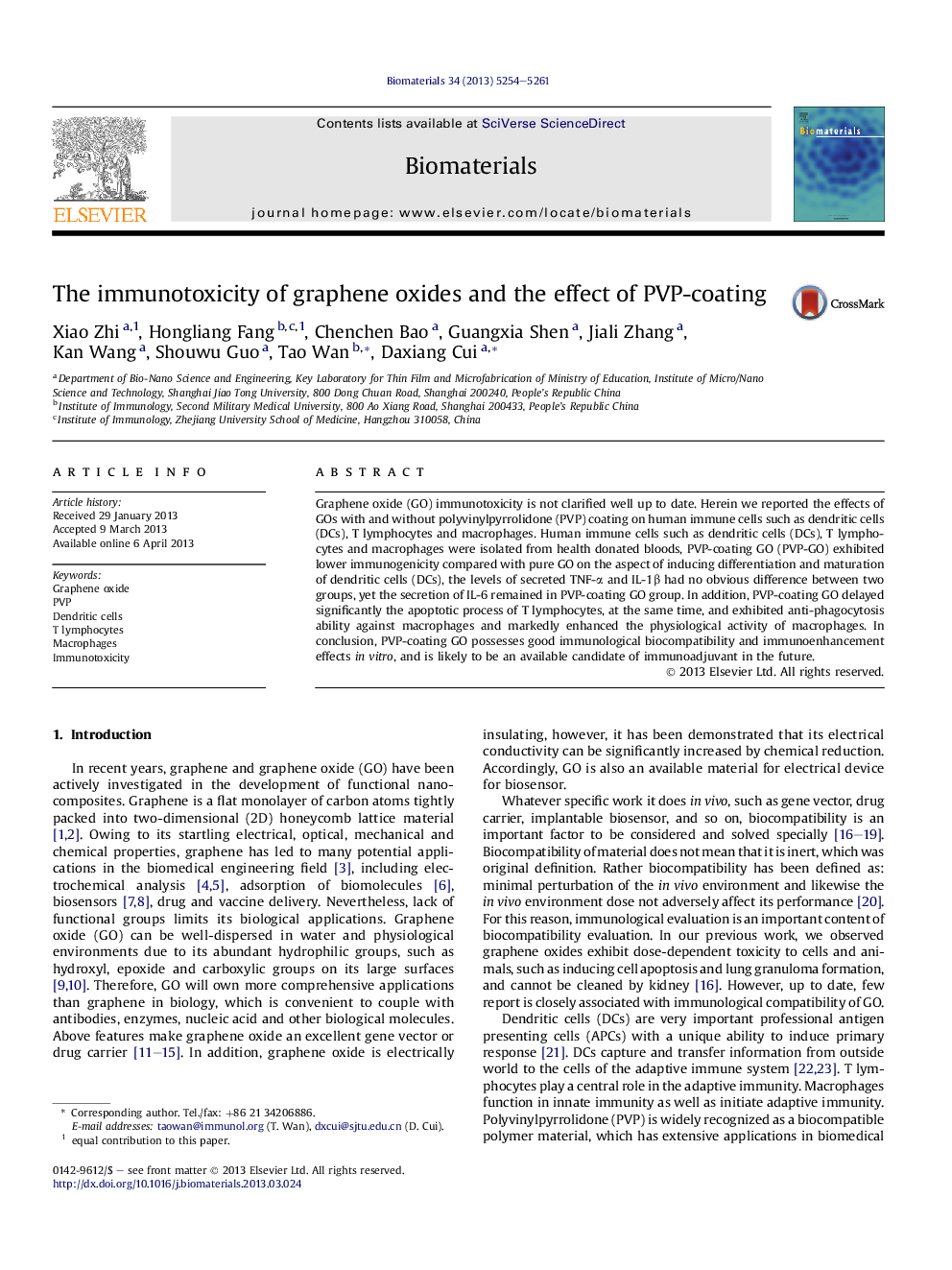 The immunotoxicity of graphene oxides and the effect of PVP-coating