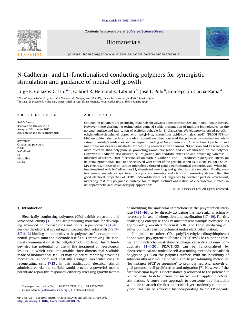 عکس صفحه اول مقاله: N-Cadherin- and L1-functionalised conducting polymers for synergistic stimulation and guidance of neural cell growth N-Cadherin- and L1-functionalised conducting polymers for synergistic stimulation and guidance of neural cell growth