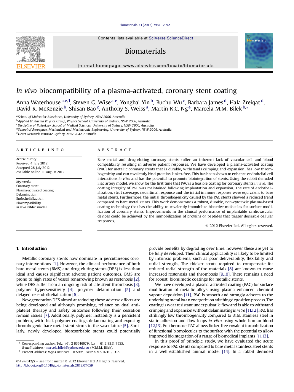 InÂ vivo biocompatibility of a plasma-activated, coronary stent coating