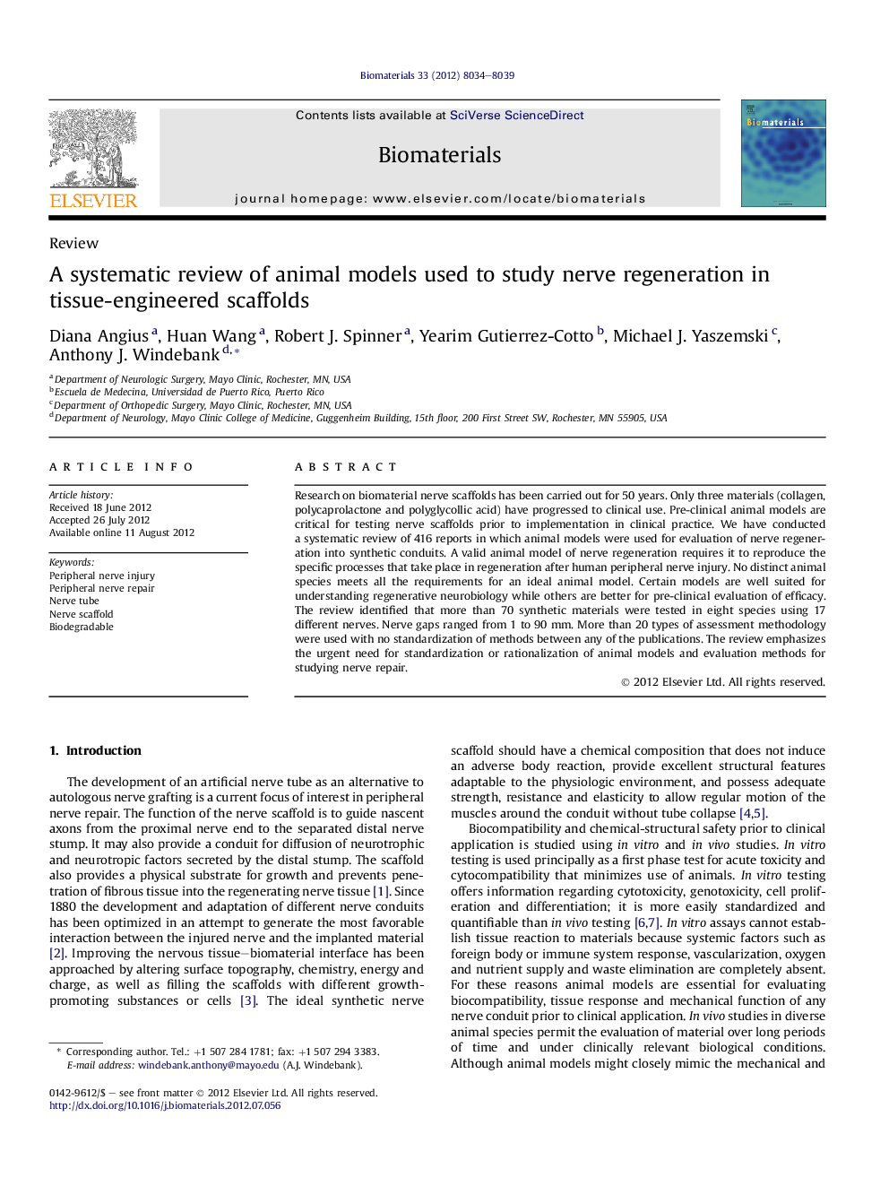 A systematic review of animal models used to study nerve regeneration in tissue-engineered scaffolds