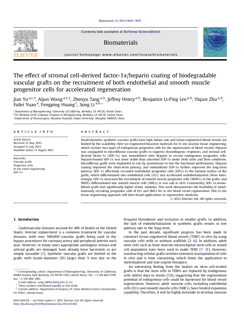 The effect of stromal cell-derived factor-1Î±/heparin coating of biodegradable vascular grafts on the recruitment of both endothelial and smooth muscle progenitor cells for accelerated regeneration