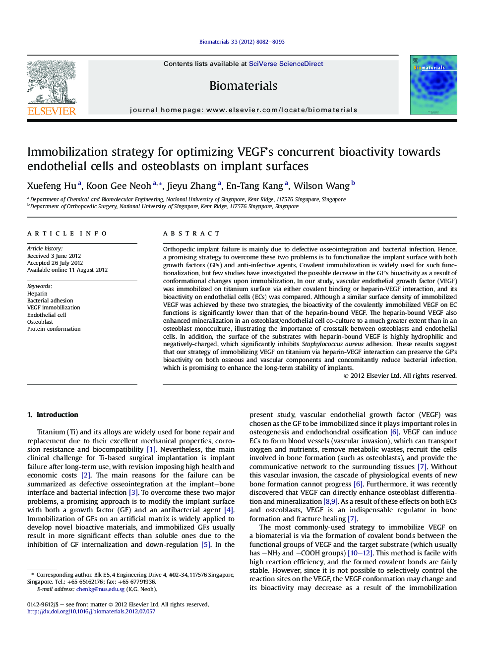 Immobilization strategy for optimizing VEGF's concurrent bioactivity towards endothelial cells and osteoblasts on implant surfaces