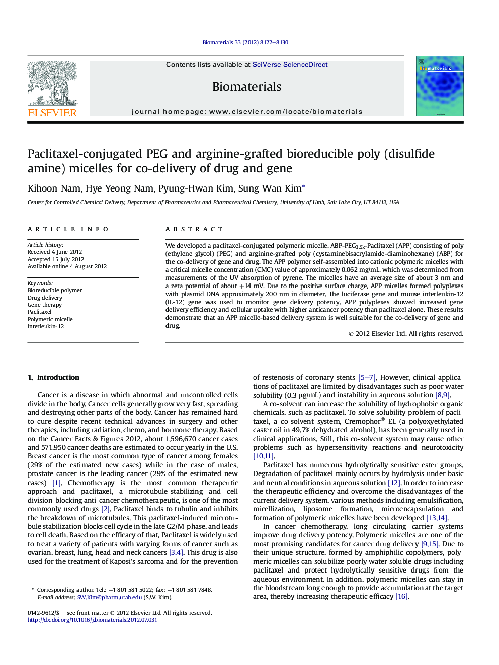 Paclitaxel-conjugated PEG and arginine-grafted bioreducible poly (disulfide amine) micelles for co-delivery of drug and gene