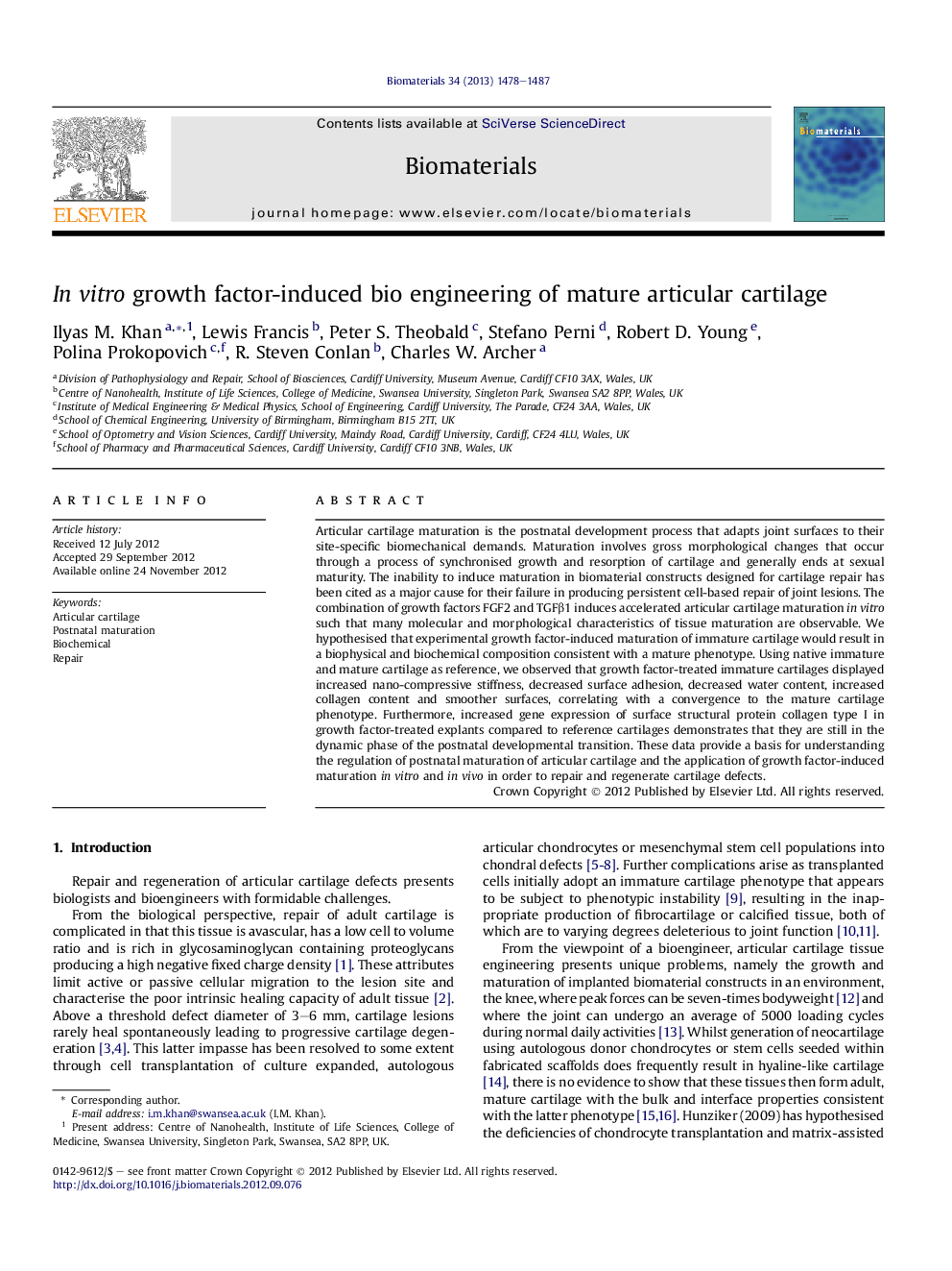 InÂ vitro growth factor-induced bio engineering of mature articular cartilage