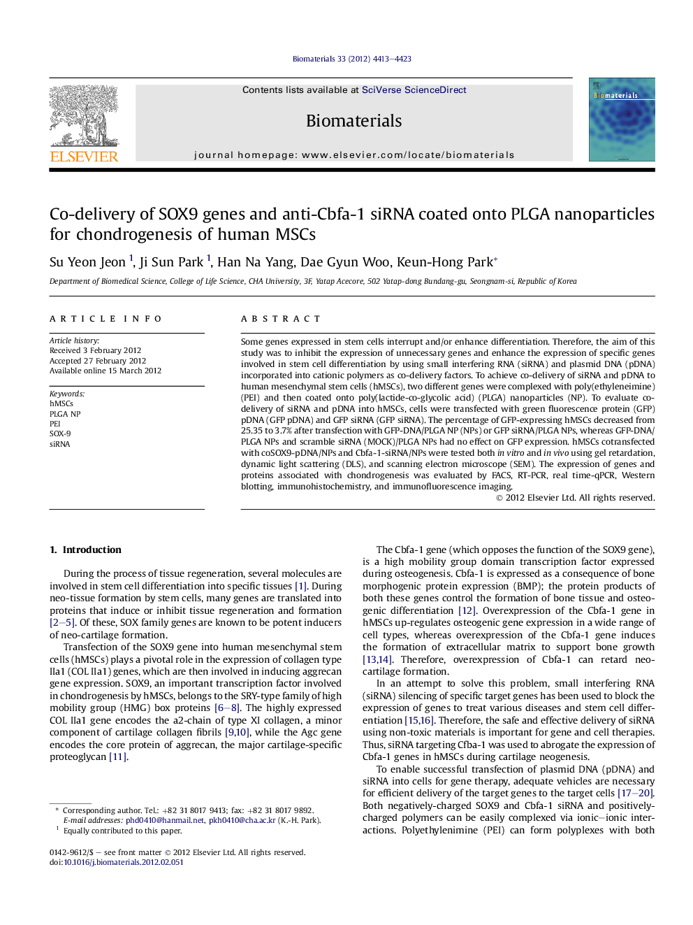 Co-delivery of SOX9 genes and anti-Cbfa-1 siRNA coated onto PLGA nanoparticles for chondrogenesis of human MSCs