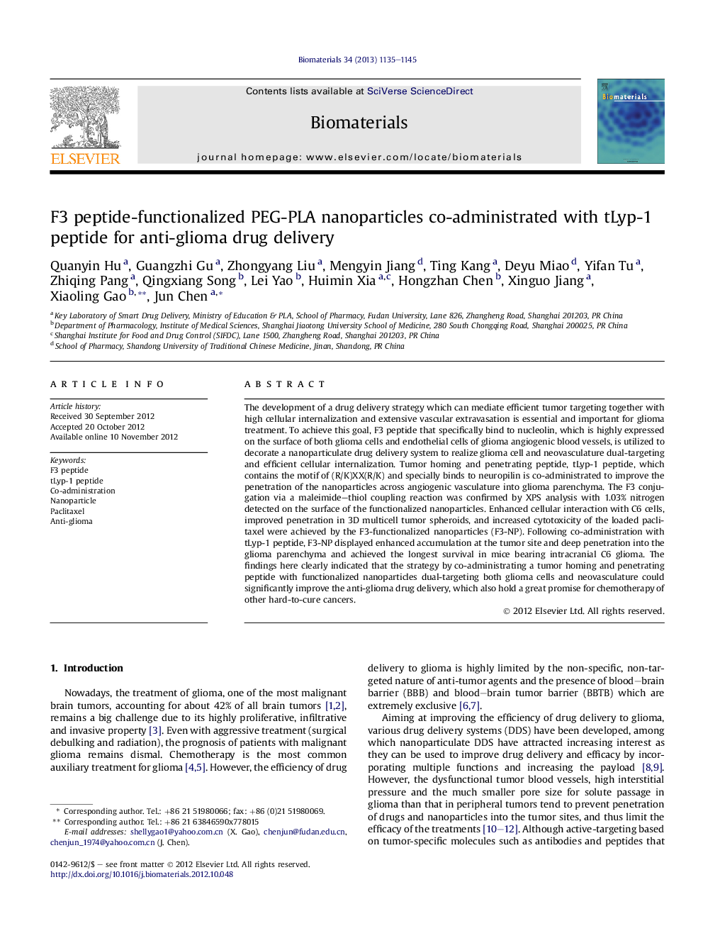 F3 peptide-functionalized PEG-PLA nanoparticles co-administrated with tLyp-1 peptide for anti-glioma drug delivery