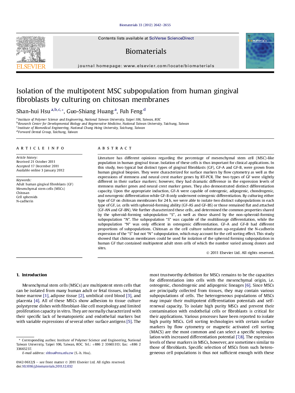 Isolation of the multipotent MSC subpopulation from human gingival fibroblasts by culturing on chitosan membranes