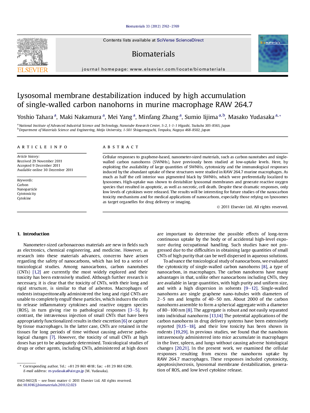 Lysosomal membrane destabilization induced by high accumulation of single-walled carbon nanohorns in murine macrophage RAWÂ 264.7