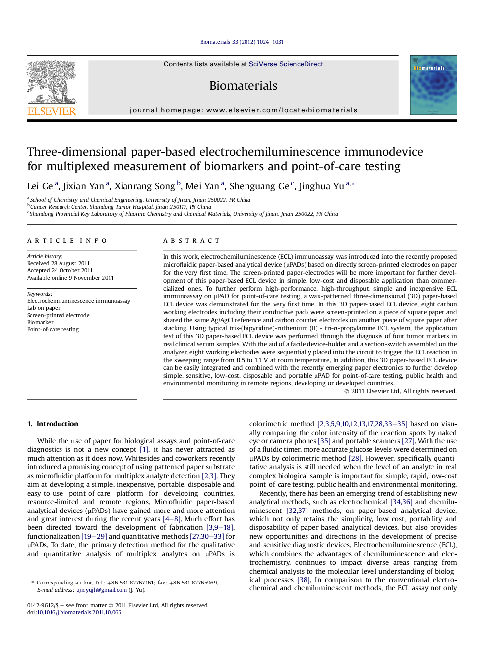 Three-dimensional paper-based electrochemiluminescence immunodevice for multiplexed measurement of biomarkers and point-of-care testing