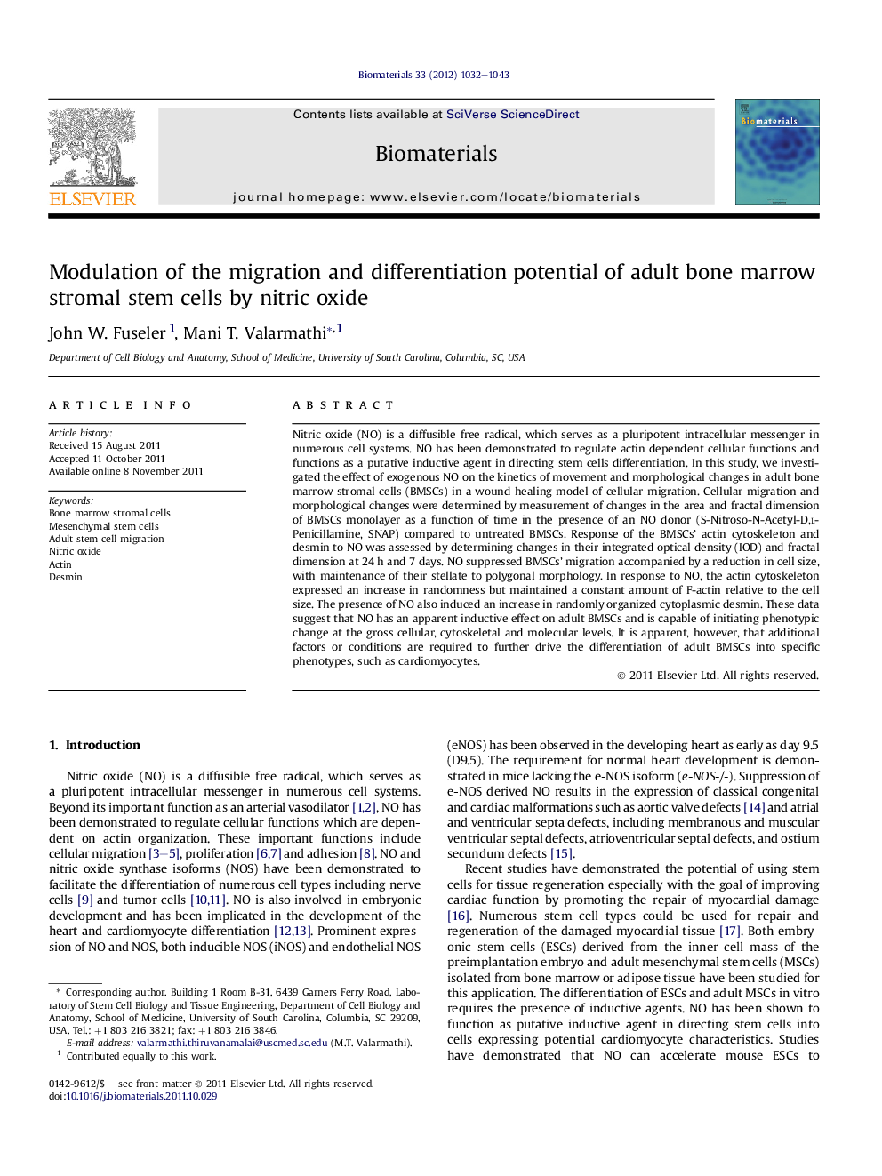 Modulation of the migration and differentiation potential of adult bone marrow stromal stem cells by nitric oxide