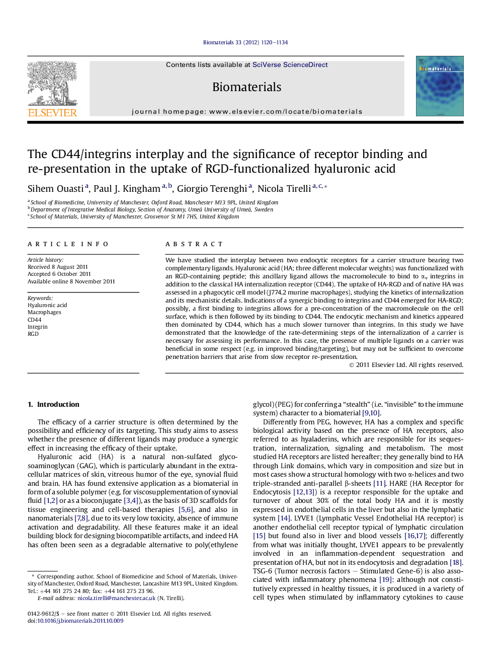 The CD44/integrins interplay and the significance of receptor binding and re-presentation in the uptake of RGD-functionalized hyaluronic acid