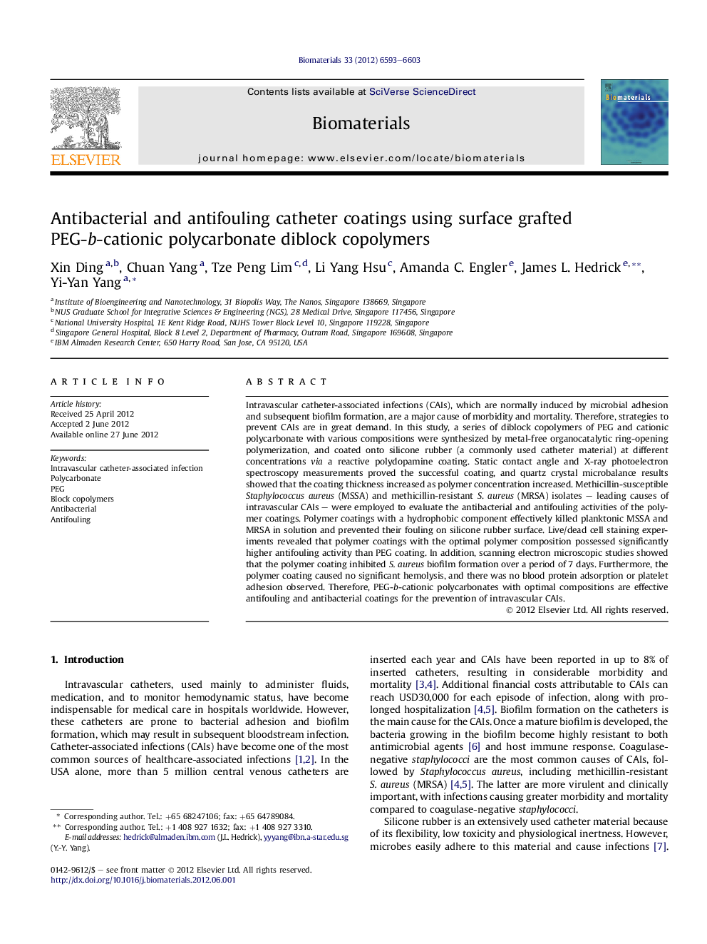 Antibacterial and antifouling catheter coatings using surface grafted PEG-b-cationic polycarbonate diblock copolymers