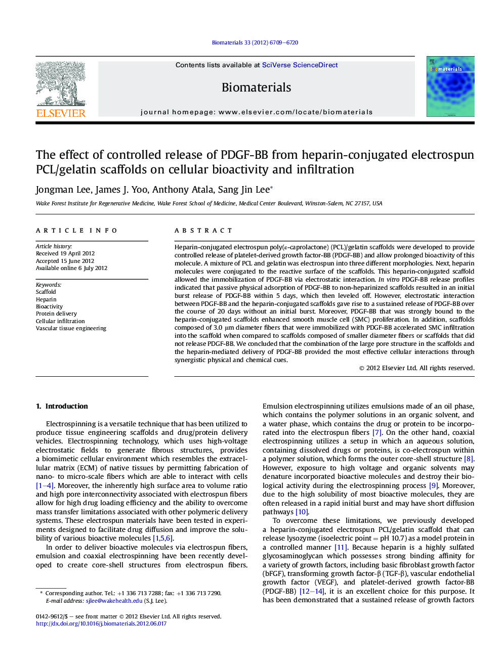 The effect of controlled release of PDGF-BB from heparin-conjugated electrospun PCL/gelatin scaffolds on cellular bioactivity and infiltration