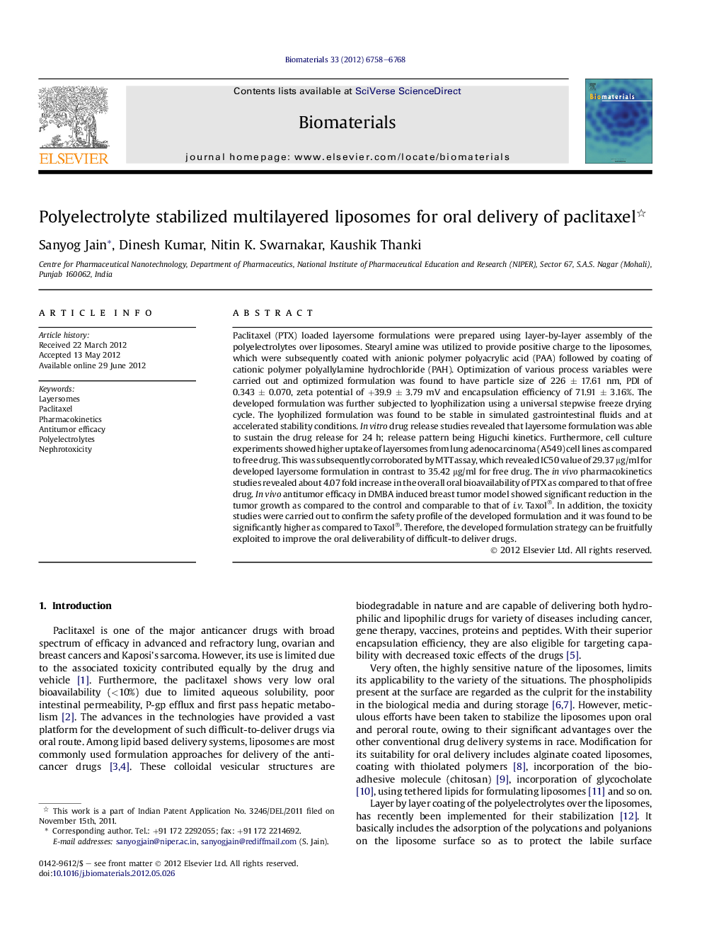 Polyelectrolyte stabilized multilayered liposomes for oral delivery of paclitaxel