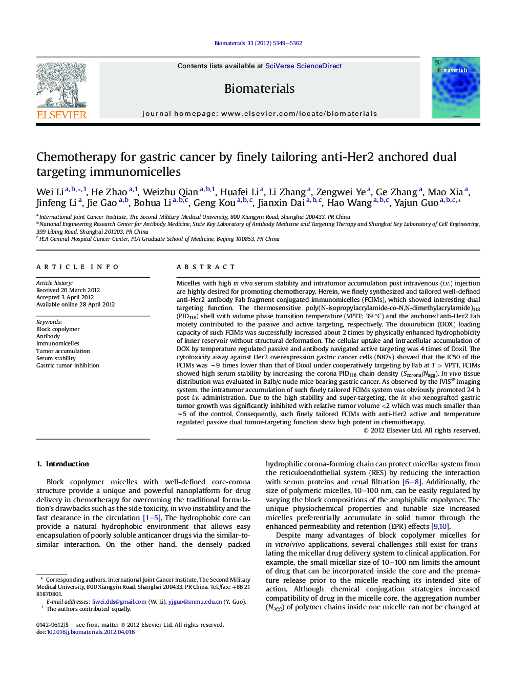 Chemotherapy for gastric cancer by finely tailoring anti-Her2 anchored dual targeting immunomicelles