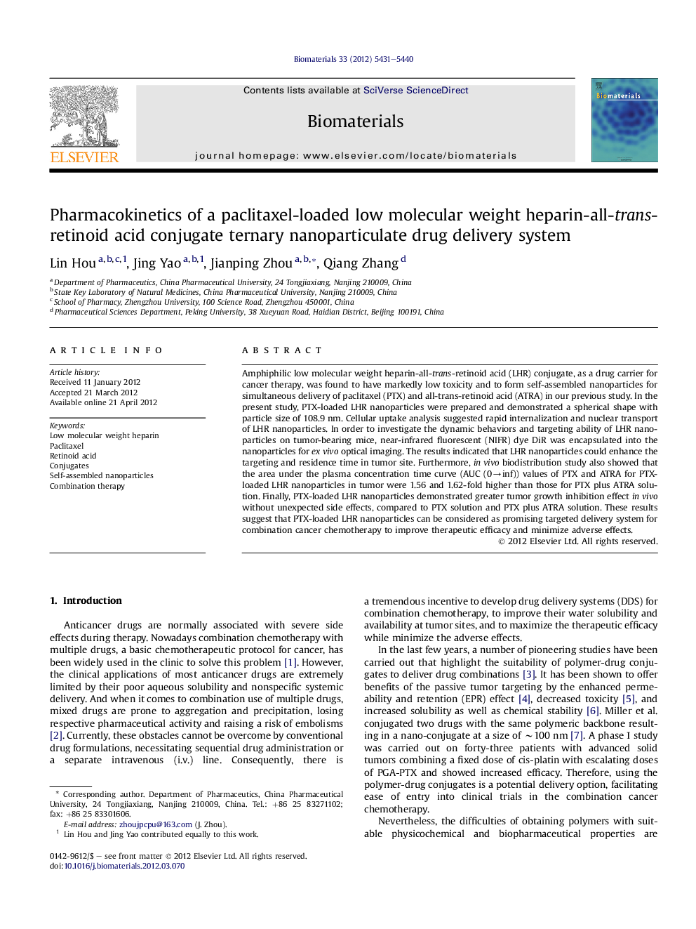 Pharmacokinetics of a paclitaxel-loaded low molecular weight heparin-all-trans-retinoid acid conjugate ternary nanoparticulate drug delivery system