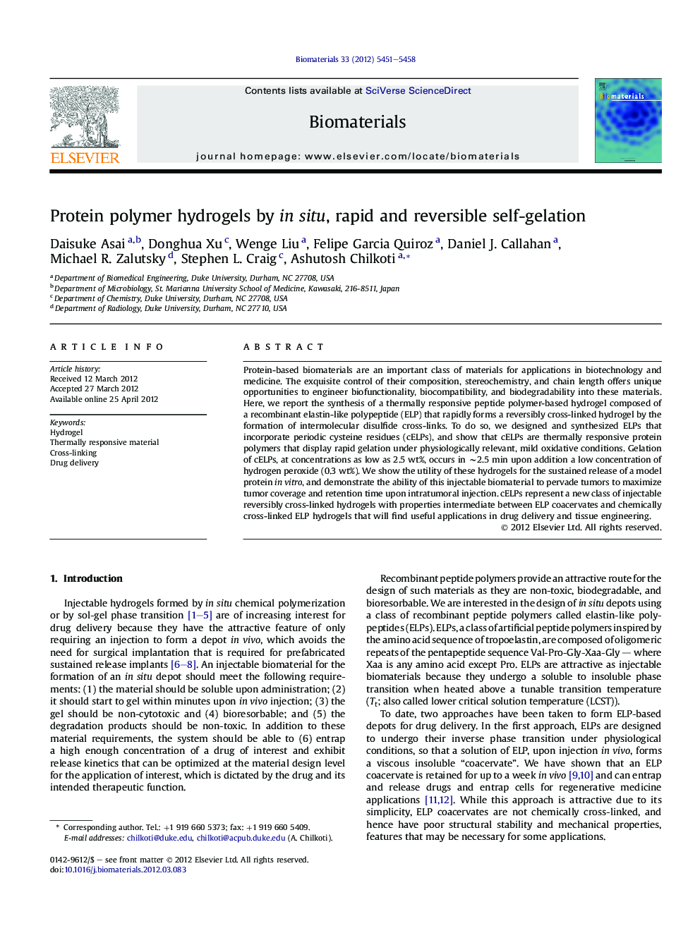 Protein polymer hydrogels by in situ, rapid and reversible self-gelation