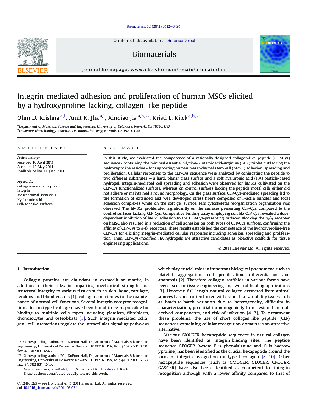 Integrin-mediated adhesion and proliferation of human MSCs elicited by a hydroxyproline-lacking, collagen-like peptide