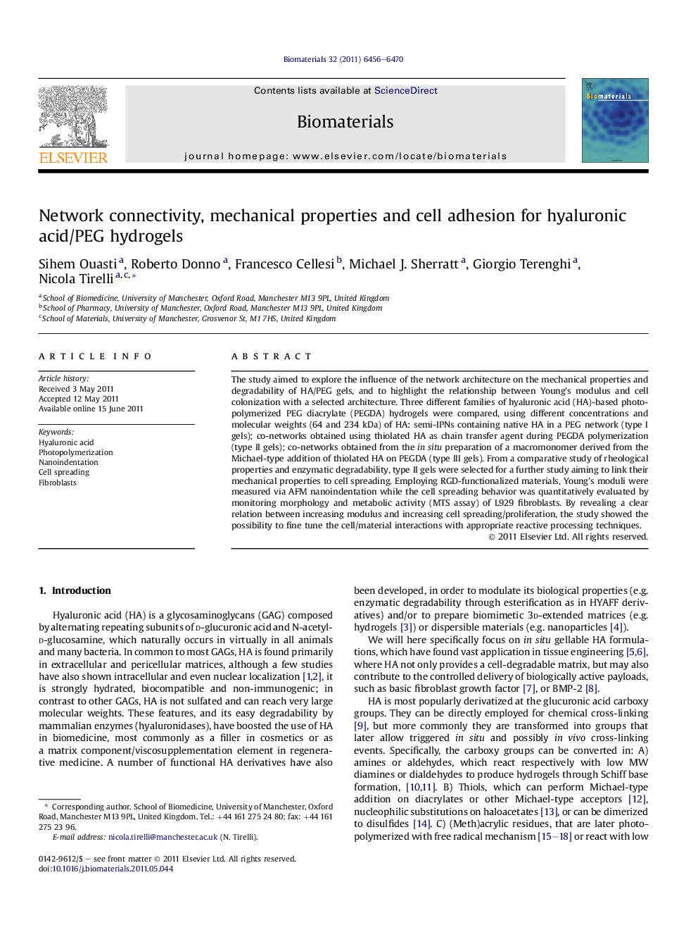 Network connectivity, mechanical properties and cell adhesion for hyaluronic acid/PEG hydrogels