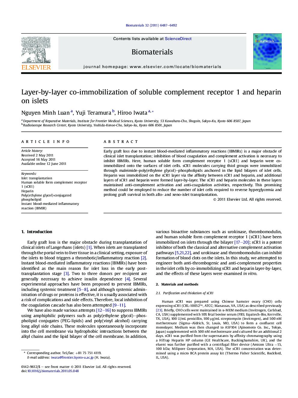 Layer-by-layer co-immobilization of soluble complement receptor 1 and heparin on islets