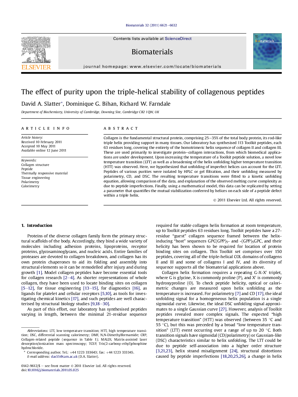 The effect of purity upon the triple-helical stability of collagenous peptides