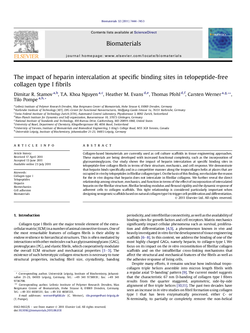 The impact of heparin intercalation at specific binding sites in telopeptide-free collagen type I fibrils