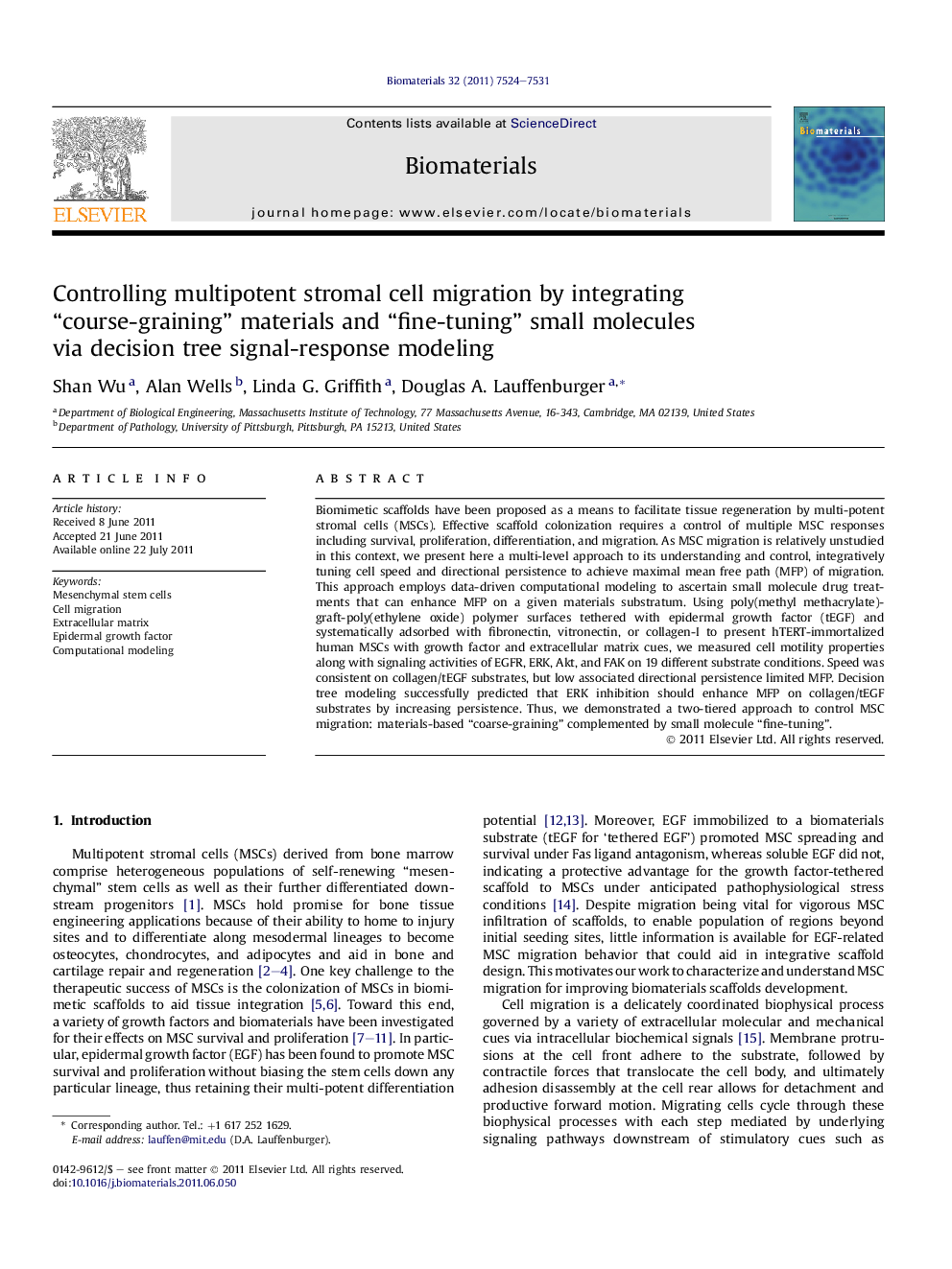 Controlling multipotent stromal cell migration by integrating “course-graining” materials and “fine-tuning” small molecules via decision tree signal-response modeling