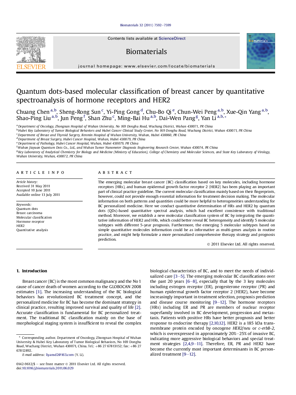 Quantum dots-based molecular classification of breast cancer by quantitative spectroanalysis of hormone receptors and HER2