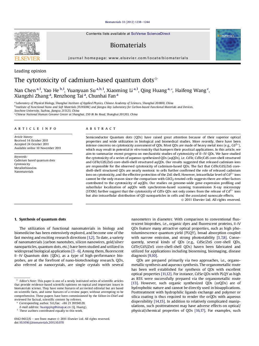 The cytotoxicity of cadmium-based quantum dots