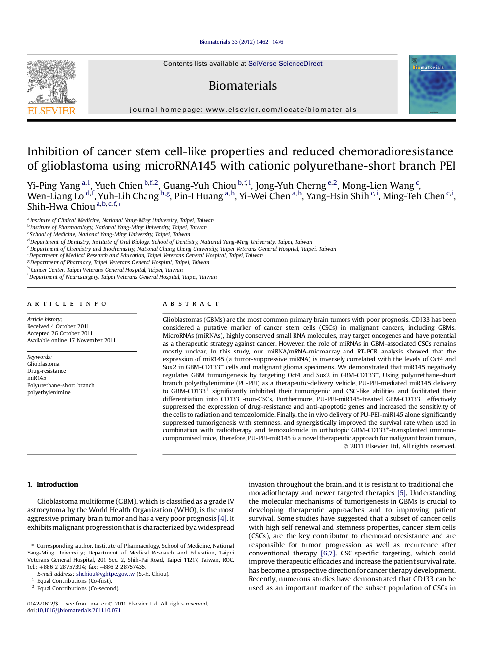 Inhibition of cancer stem cell-like properties and reduced chemoradioresistance of glioblastoma using microRNA145 with cationic polyurethane-short branch PEI