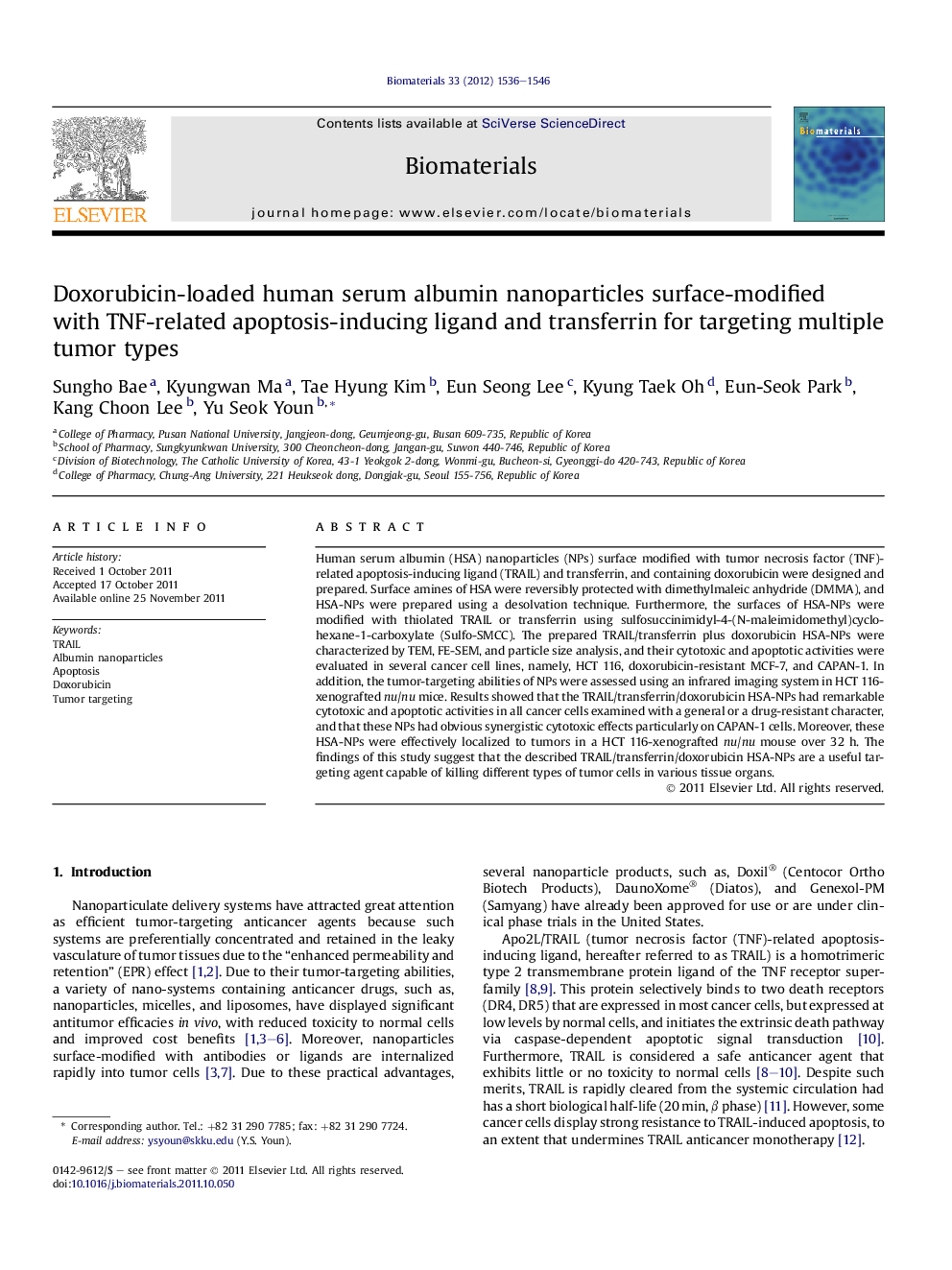 Doxorubicin-loaded human serum albumin nanoparticles surface-modified with TNF-related apoptosis-inducing ligand and transferrin for targeting multiple tumor types