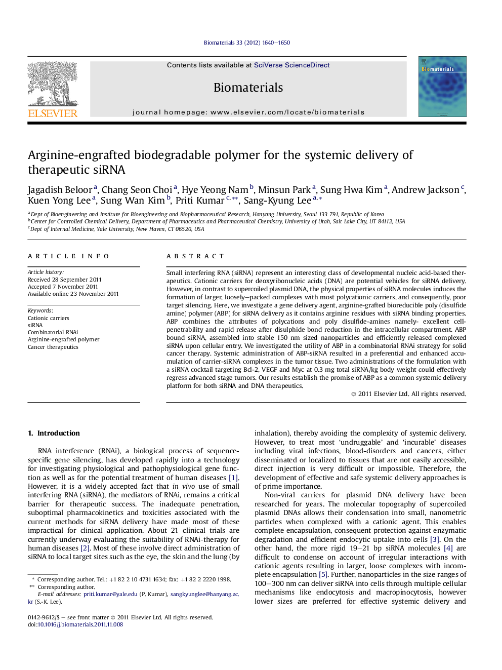 Arginine-engrafted biodegradable polymer for the systemic delivery of therapeutic siRNA