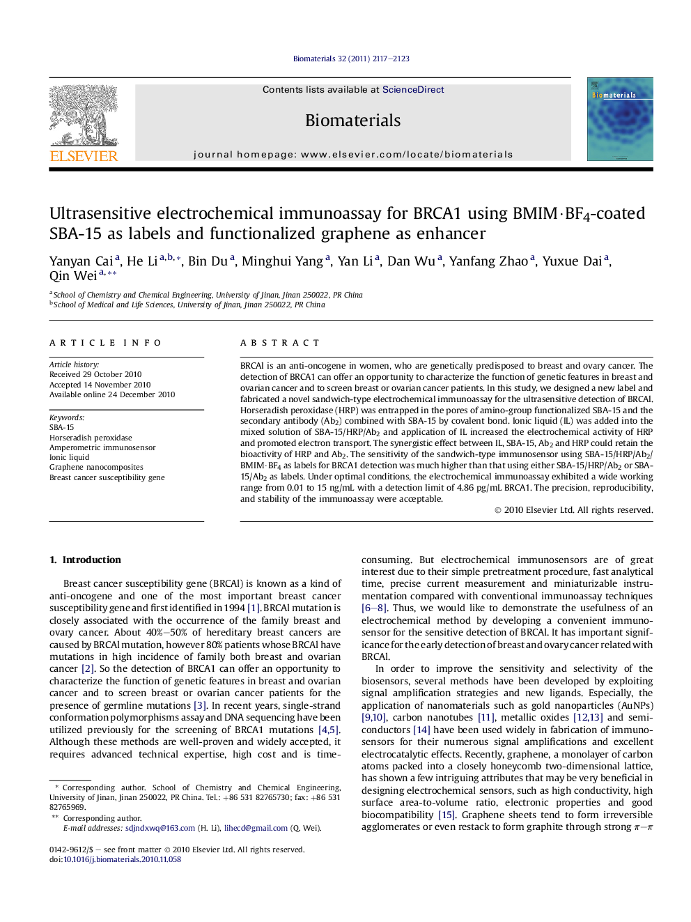 Ultrasensitive electrochemical immunoassay for BRCA1 using BMIMÂ·BF4-coated SBA-15 as labels and functionalized graphene as enhancer